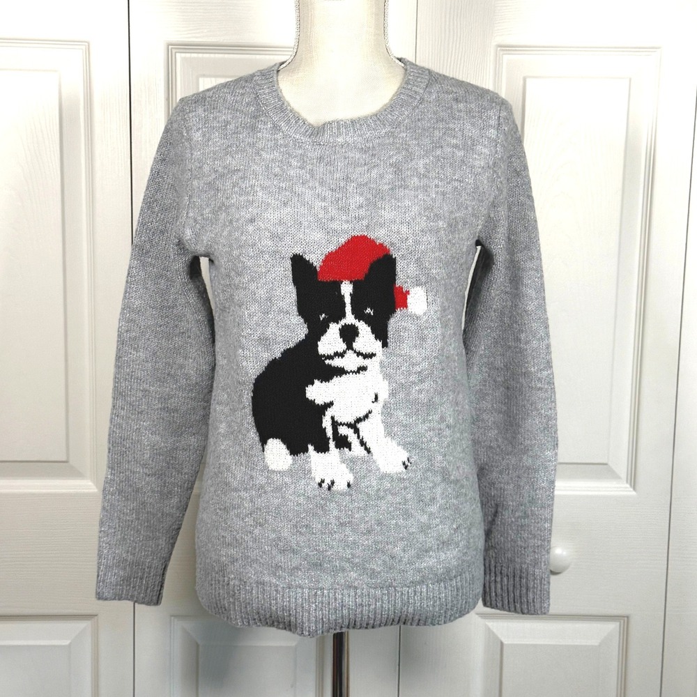 Cupcakes and Cashmere Gray French Bulldog Santa Hat Christmas Sweater Womens XS